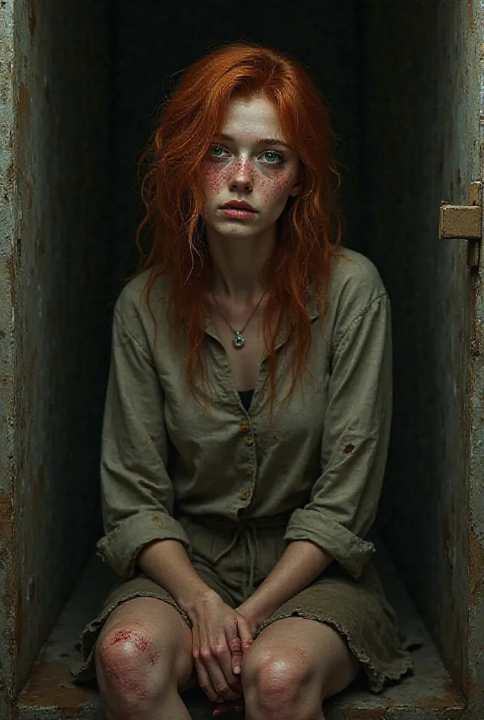 woman.  reddish hair .  green eyes. injured. downcast.  dirty .  dark cellar.