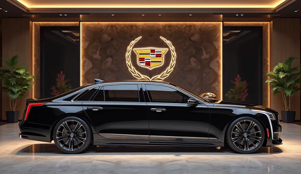 Design a full body view of a ultra luxurious 2025 Cadillac Brougham with a polished black with attractive logo behind the car at luxury wall showroom exterior finish, aggressive and sporty styling, featuring quad exhausts, large alloy wheels with intricate...