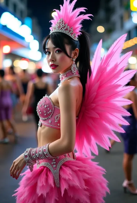  Korean woman,Black hair tied to a ponytail ,textured light skin shiny and illuminating, shiny pink and diamond carnival makeup using a pink and silver Carnival costume.  It includes a pink feather crown, um top, a skirt, bracelets and gloves and a long-he...