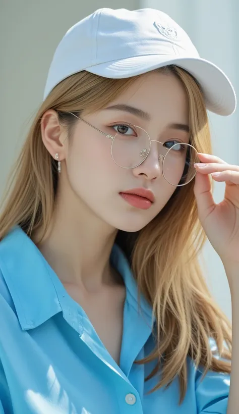 Half body portrait of a blonde girl in white hat and blue shirt, glasses, earrings, necklace, side hair girl posing