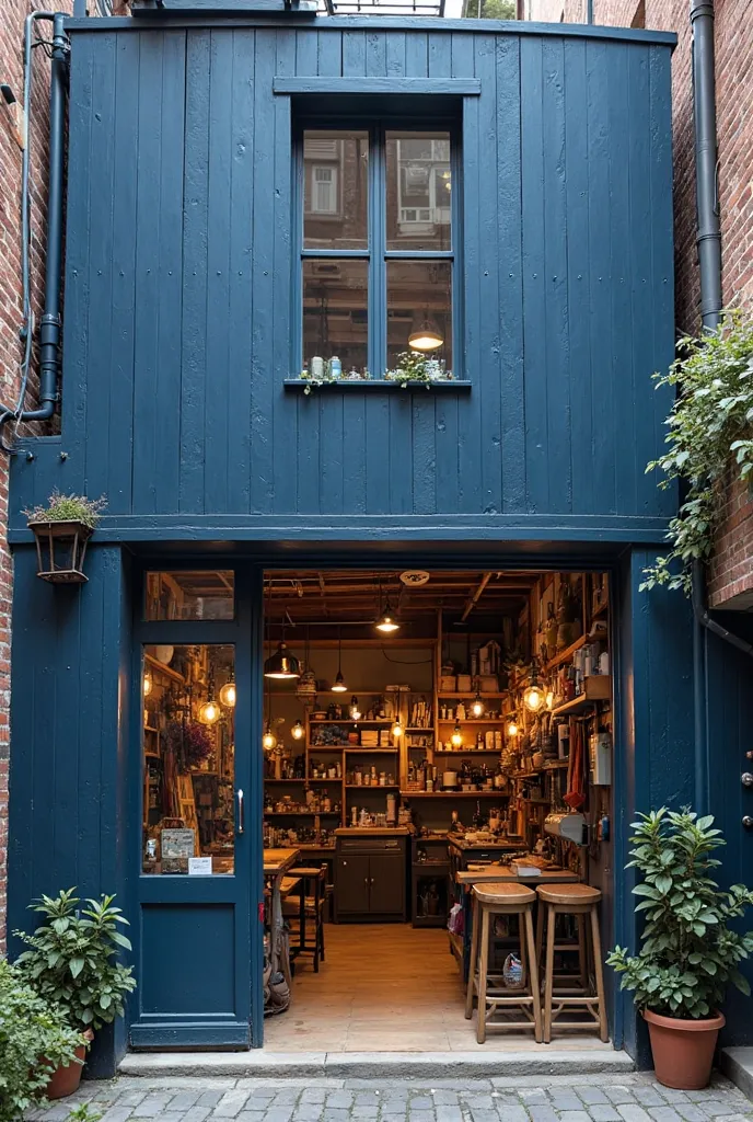 Create an image of a workshop with the dark blue facade 