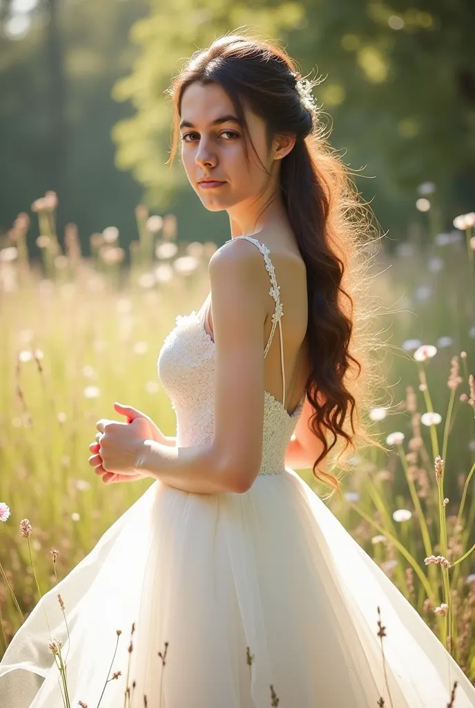 girl with wedding dress long hair natural face and body full body picture 