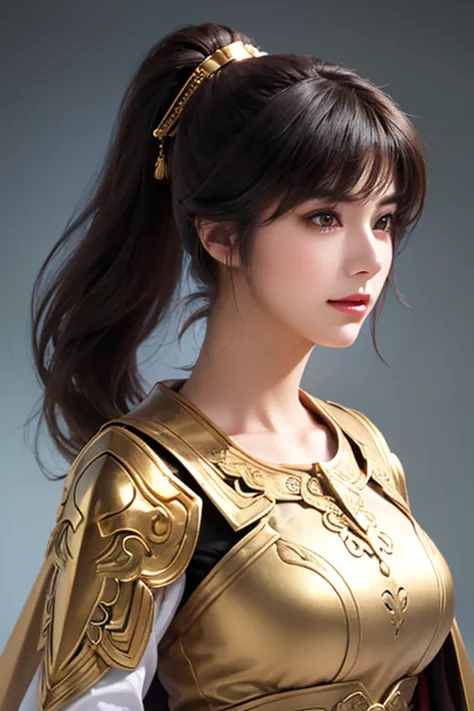 ((Close up of a woman wearing golden armor and a cloak up to the waist:1.2)), 1 person,  cute ponytail  ,20 years old,((( real face))),I'm wearing clothes that accentuate my slightly larger breasts and cleavage,(((Clever Exposure ))),Scary face, Highly Det...