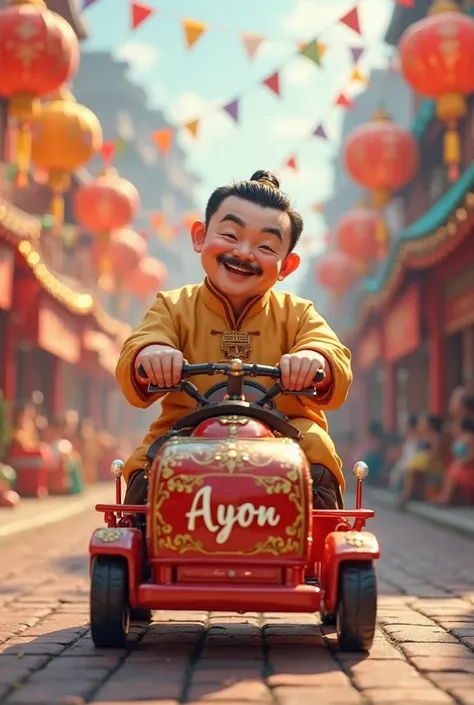 A Chinese man riding a RC birthday cart with the name Ayon