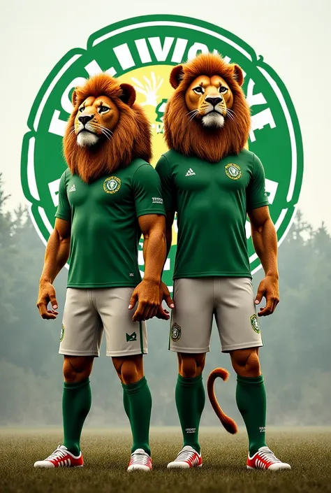 I need an image where a lion appears wearing a Palmeiras team sports uniform and at the same time a Leona appears wearing a Palmeiras sports uniform and the Palmeiras shield in the background 
