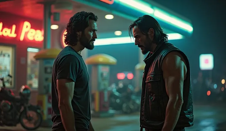 "Under the flickering neon lights of a rundown gas station, Keanu Reeves stands face-to-face with a group of aggressive bikers. Their leader, a bearded brute with a thick leather vest, sneers at him, lifting his hand threateningly as if about to slap him. ...