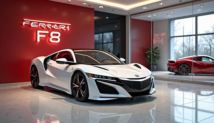 
"A high-definition, ultra-realistic image of a luxury sports car ([White], [Honda Accord]) displayed inside a modern, elegant showroom. The showroom features sleek glass walls, glossy marble floors, and ambient lighting that enhances the car's metallic pa...