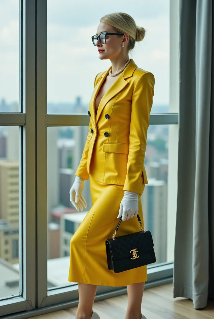 beautiful young woman blonde hair tied in a bun at the backred lipstick blackeyeshadow wears glasses pearl necklace  yellow shiny business suit buttobed up two small lapels midlength skirt white stilettos white gloves black handbag behind her a large top f...