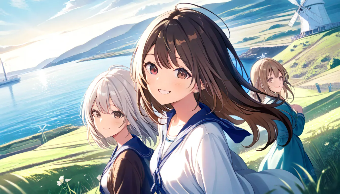 (( masterpiece , Top Quality , dynamic angle ))、((( 3 girls , smile , black hair , brown hair , silver hair )))、( detailed face 、on the hill 、One white windmill:1.2)、( sea )