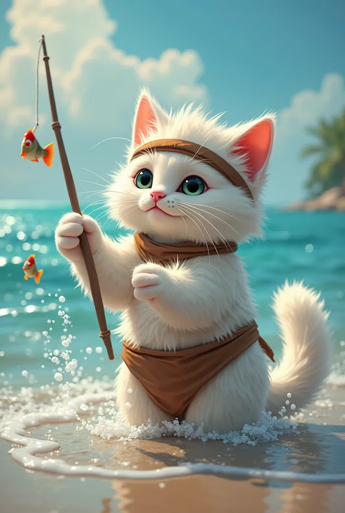 A white adult fluffy cat is dressed as Mowgli is fishing from the sea with his hands 