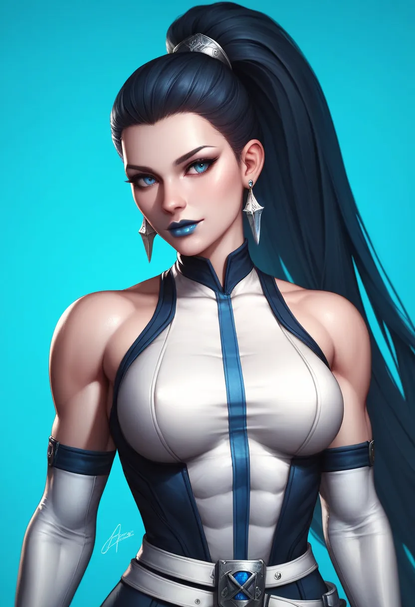 female white sleeveless white bodysuit, white belt, racerback, bare shoulders, long gloves, white gloves, toned arms, beautiful faces, black ponytail with showing forehead, long ponytail, earrings, soft smooth skin, pale skin, blue background, blue eyes, s...