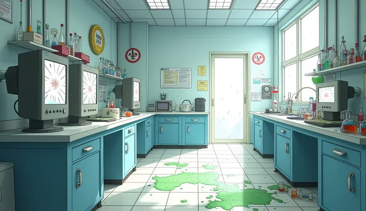 Anime style image, which shows the laboratory in white, chaos in the lab, destroyed equipment, cracked monitor screens with errors or alarms, green acid puddles on the floor, Alarm lights blink in the background, hinting at an emergency, Biohazard signs on...