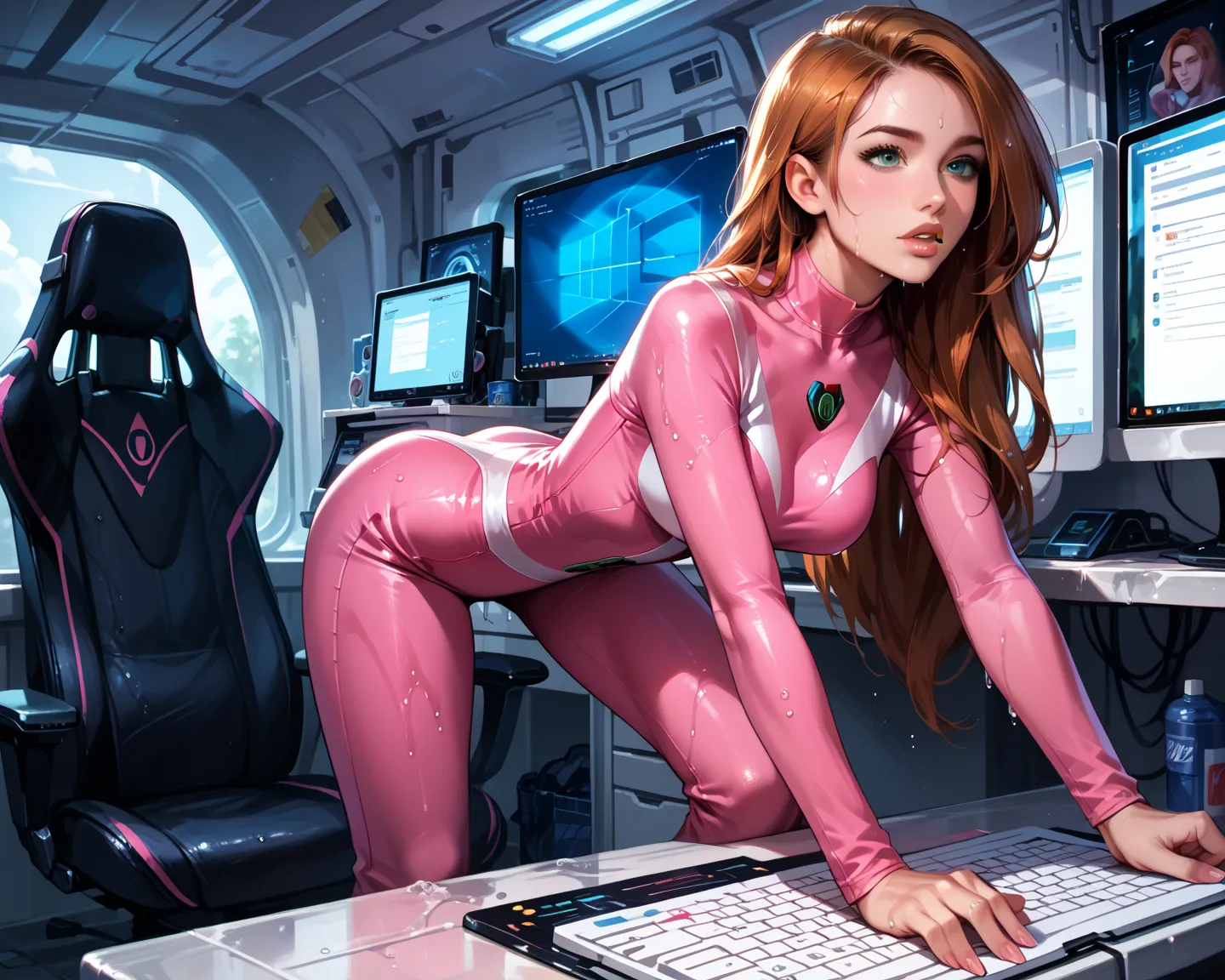 cinematic film still, solo, 1girl, BREAK kim possible, narrow waist, perky breasts, pink power ranger outfit, pink catsuit with white details BREAK high tech computer factory, sneaking around, crawling on hands and knees, bent over, beautiful, graceful, el...