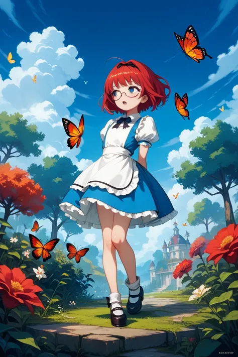 alice in wonderland, full body, looking away, focus on the girl, arms behind back, shiny skin, petite, 1 girl, , short red hair, bald, cute anime faces, gloom expression, hollow eyes, Slightly open mouth, flat chest best quality, Butterfly with body, semi-...