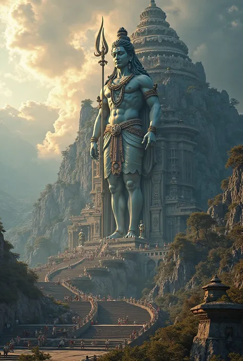 (photorealism:1.2), Create a breathtaking, ultra-realistic AI-generated image of a massive temple complex featuring a colossal statue of Lord Shiva and Maa Parvati carved into a single mountain, Mount Parvati. The statues should be highly detailed, depicti...