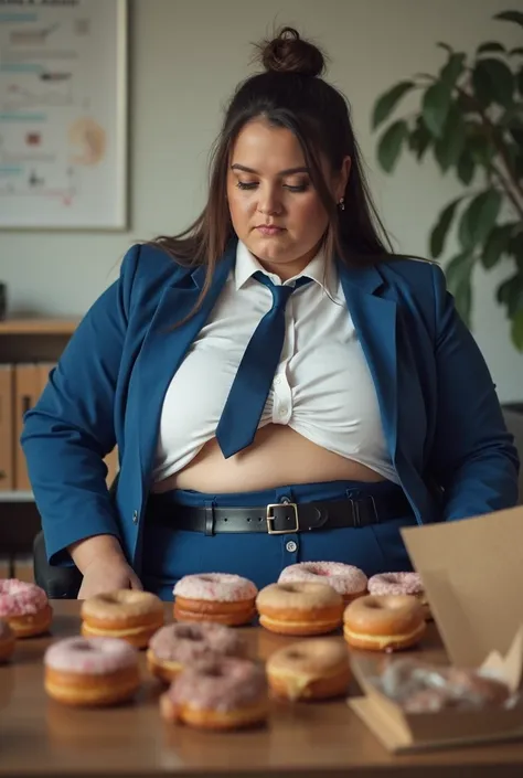 A beautiful young morbidly obese woman in a Blue suit and tie with a black belt. She is sitting at an office desk, surounded by donut boxes, looking down as the buttons on her shirt pop off and reveal her bloated stomach 