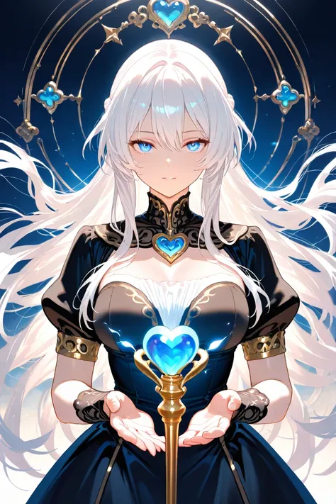  Female character ,  of long wavy white hair , blue eyes. body defined in a short black dress, with a heart scepter in his hand