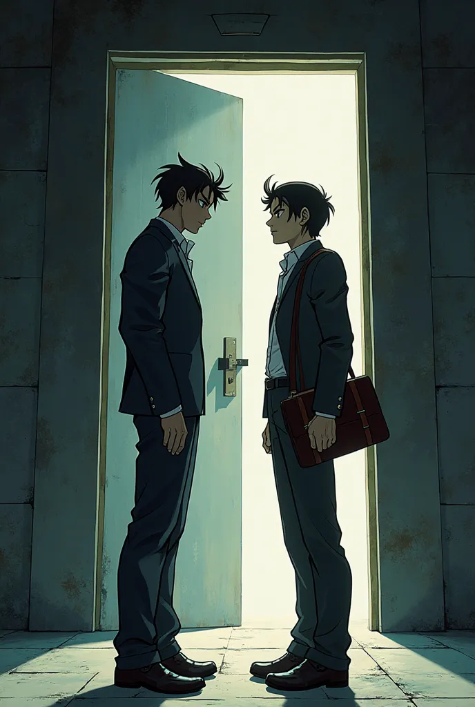 Two people facing each other with a large sliding door behind them, in the style of Ace Attorney, make that same photo be seen from an angle showing the back of the person on the left 