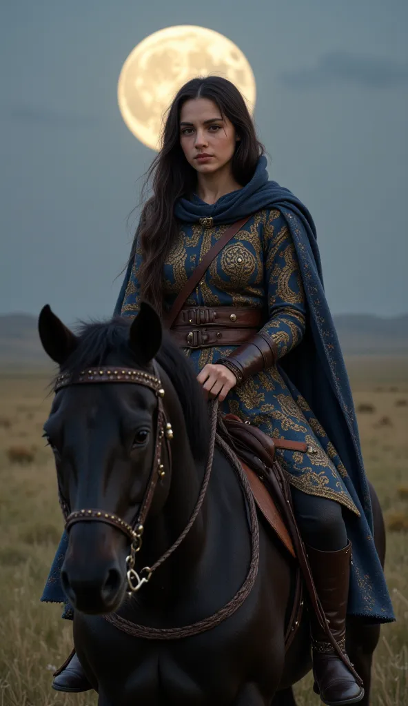 A beautiful 20-year-old Kazakh assassin from the 13th century rides a majestic black horse under the moonlit sky, her presence exuding both grace and lethal precision. Her deep brown eyes scan the horizon, sexy, big boobs, the chest of her clothes was open...