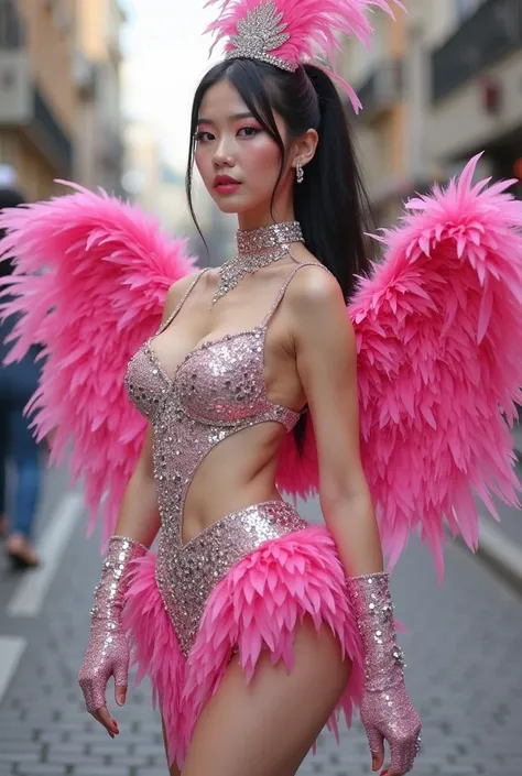  Korean woman,Black hair tied to a ponytail ,textured light skin shiny and illuminating, shiny pink and diamond carnival makeup wearing a pink and silver Carnival costume.  It includes a pink feather crown, um top, a skirt, bracelets and gloves and a long-...