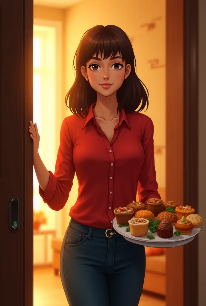 a woman in a red shirt entering a room with a tray full of food