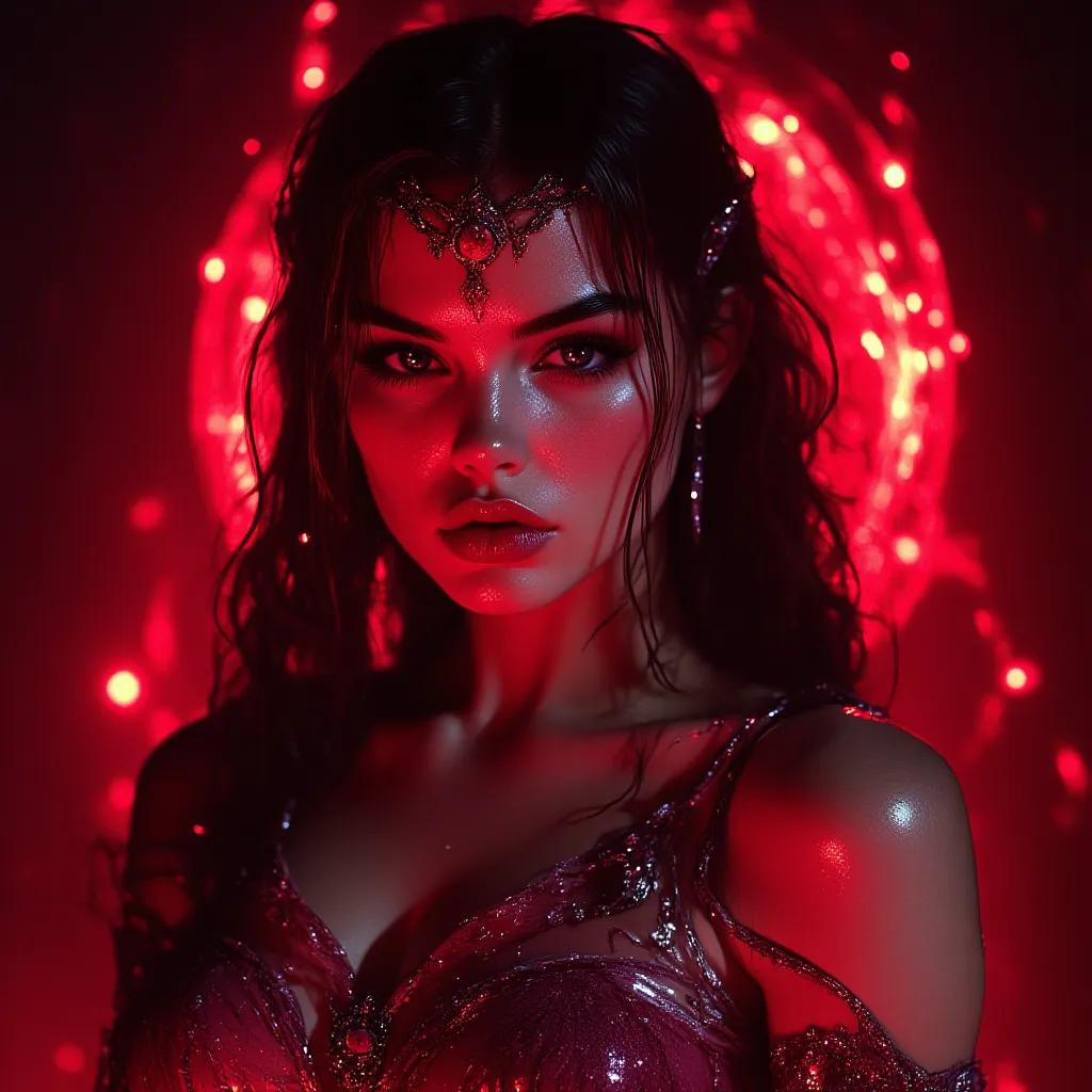 red neon light. From afar and from the front an extremely beautiful young Russian woman with European features ((Megan Fox))  ANGELIC TRAITS, woman
extremely beautiful, straight wet jet black hair long completely straight and very smooth long wet, Brillian...