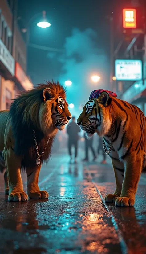 Ultra-realistic image of a hip hop battle on a nocturnal urban street. At the center, two anthropomorphic animals—for example, a lion and a tiger—compete in a freestyle battle, each sporting modern accessories such as caps, chains, and microphones. The sce...