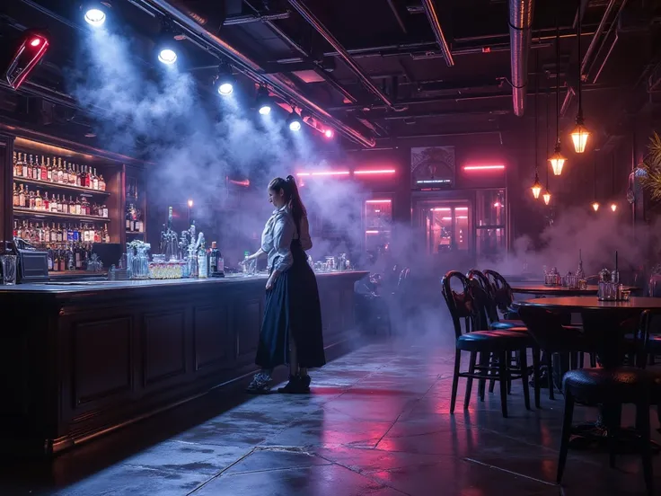 Night club, Inside , Beautiful multicolored spotlights, Smoke diffuses, liquor bar on the left, There is a bartender on the spot., The bartender wears a polite dress,  Realistic, Masterpieces, movies, clear detail, 8K resolution.