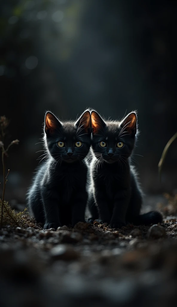 Realistic black kittens are watching in the dark