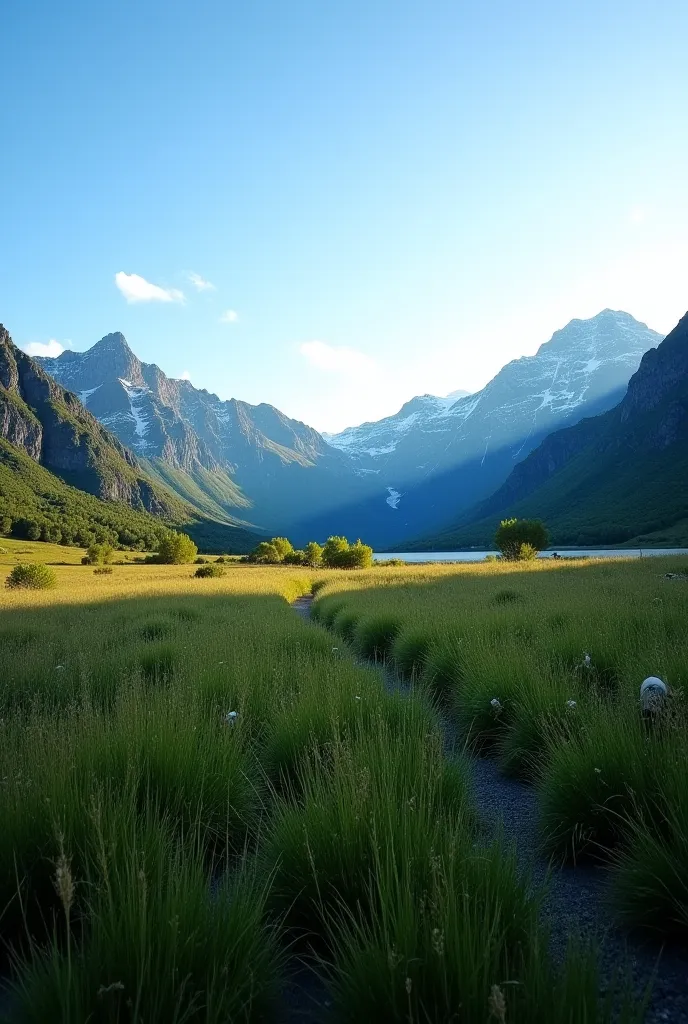 Une forêt noir  verdoyant de Norvège s'étend à perte de vue, baigné par une douce lumière dorée du matin. De majestueuses montagnes enneigées s'élèvent à l'horizon, contrastant avec la verdure éclatante des prairies. Une légère brise fait onduler l'herbe, ...