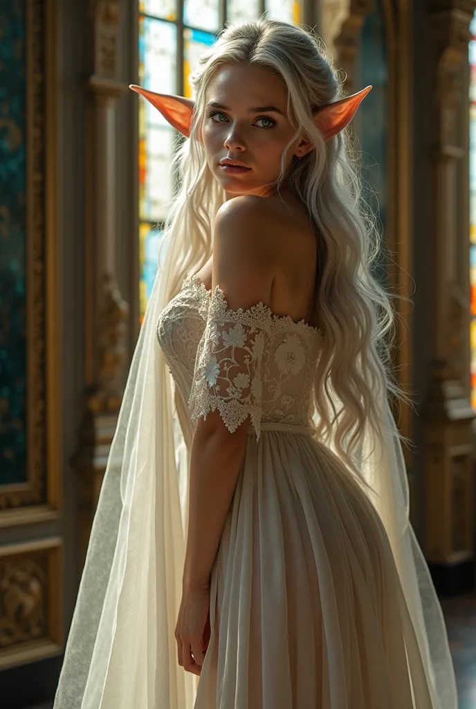 
((masterpiece)) ((Panorama)) ((maximum quality)) ((FULL- BODY)), 1 woman ((elf)) silver hair shining in the sun,  ((OREJAS DE elf)), (( perfect thighs), very beautiful and sensual 20 years old, blue eyes,  intense look,  perfect face, perfect body, dresse...