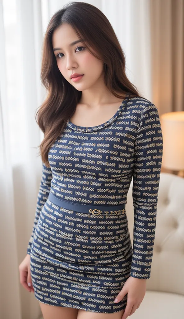 high-resolution photograph, young Asian girl, small breasts, wearing Equestrian Chain Print minidress with navy white gold color, charm