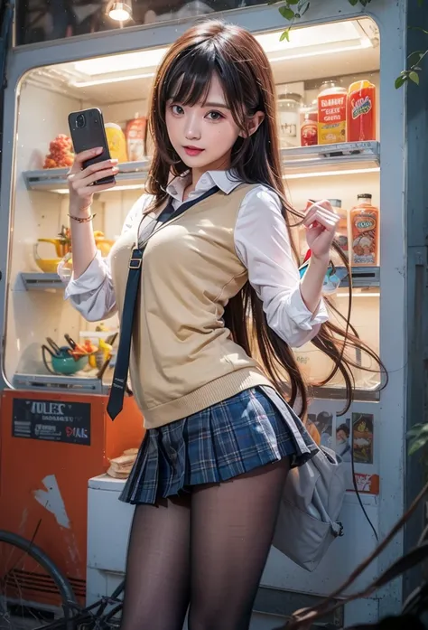 anime girl in school uniform holding up a cell phone, anime girl drinks energy drink, beautiful anime high school girl, a hyperrealistic schoolgirl, seductive anime girl, kantai collection style, attractive anime girl, hyperrealistic schoolgirl, artwork in...