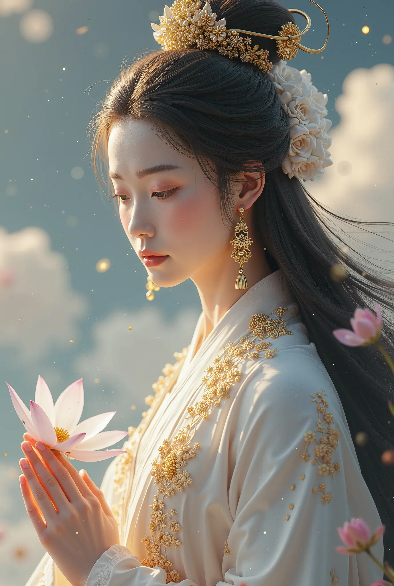 (masterpiece,close up,focusing on beautiful face,gentle,meditate,Highest quality,,8k,front view,High resolution),One Guan yin Goddess,,Beautiful Face,very Beautiful Face,stunning beautiful,dewy skin,intricate white light flowing hanfu with gold lace embroi...