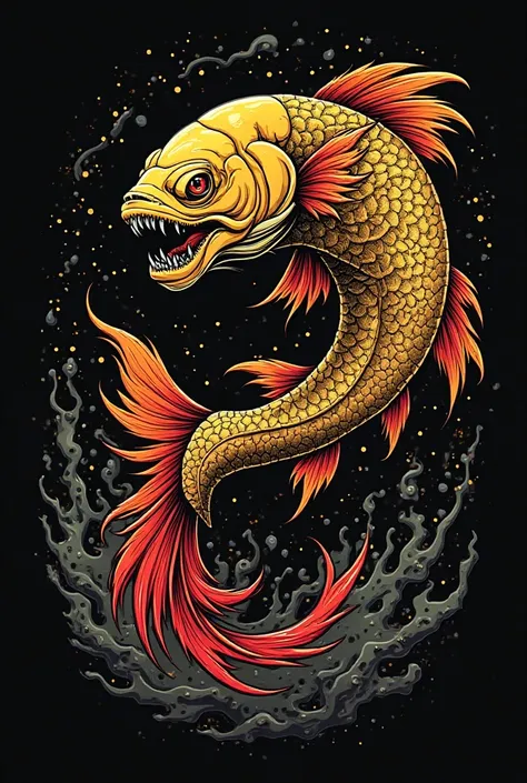 drawings for old school tattoo, Dinmare fish with golden scales and red fins