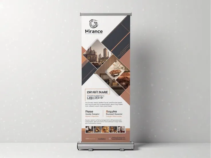 "A high-end, professional roll-up banner design for a premium brand. The layout features a sleek, modern aesthetic with a well-balanced visual hierarchy. The brand logo is prominently displayed at the top with a stylish accent line. A dynamic, geometric gr...