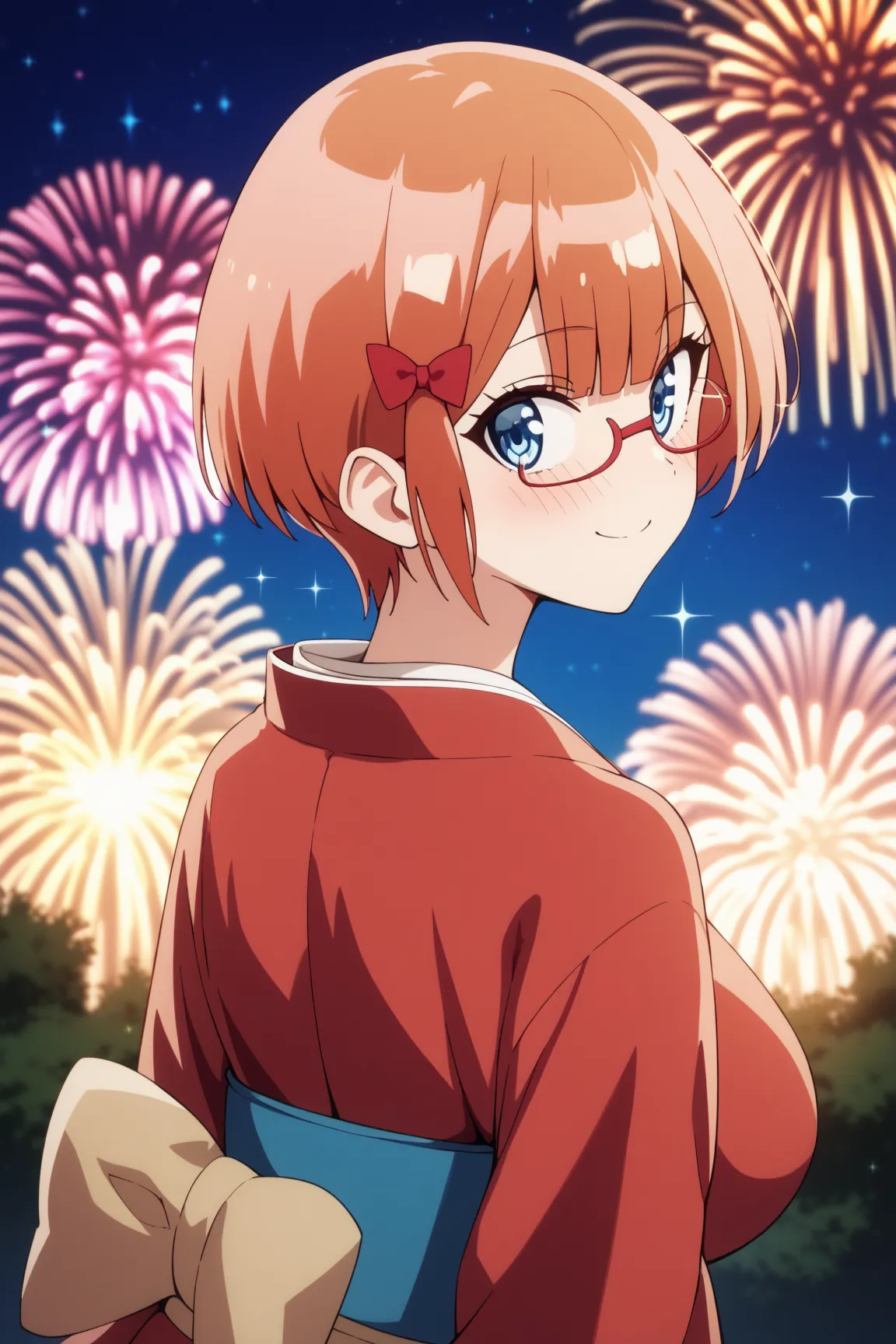 masterpiece,best quality,{{detailed beautiful face and eyes}}, very detailed background,
Rizu Ogata,{{{megami magazine}}},short hair,orange hair,glasses,red-framed eyewear,red bow,blue eyes,large breasts,
1girl,((kimono)),
aerial fireworks, blurry backgrou...