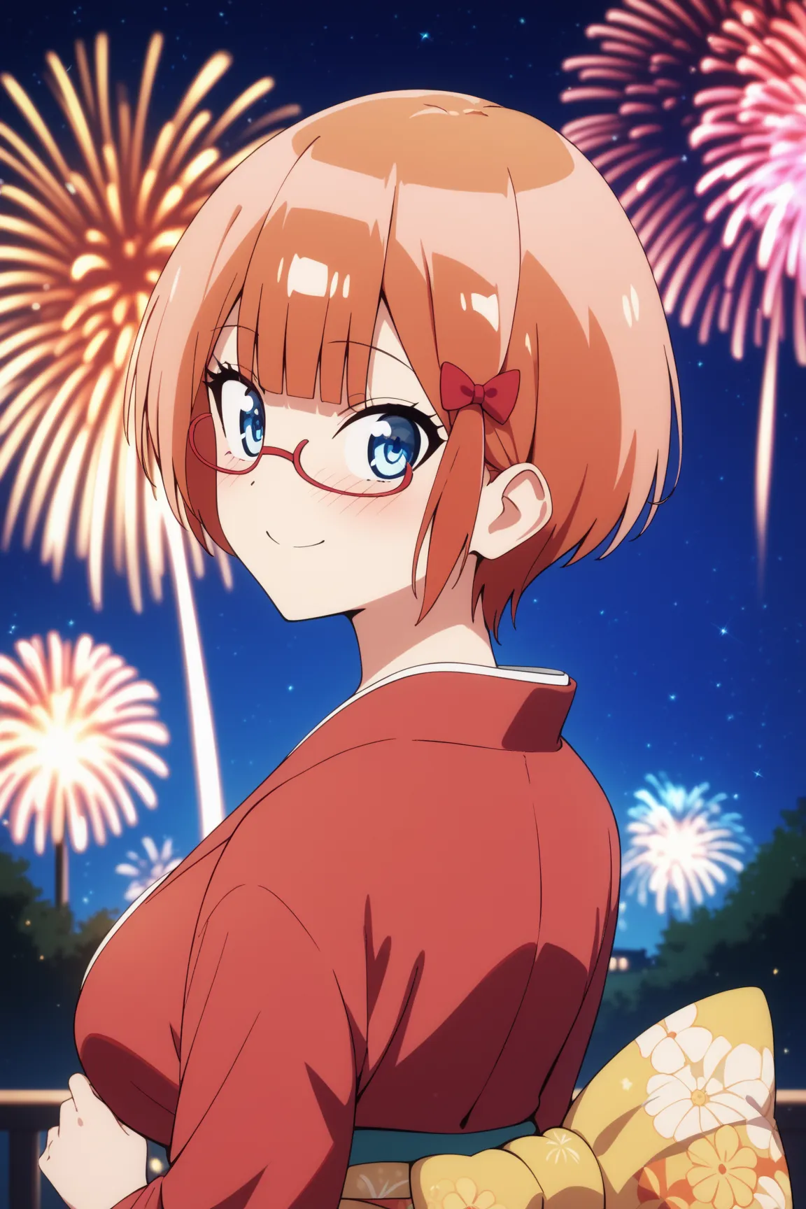 masterpiece,best quality,{{detailed beautiful face and eyes}}, very detailed background,
Rizu Ogata,{{{megami magazine}}},short hair,orange hair,glasses,red-framed eyewear,red bow,blue eyes,large breasts,
1girl,((kimono)),
aerial fireworks, blurry backgrou...