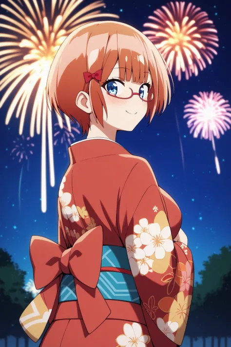 masterpiece,best quality,{{detailed beautiful face and eyes}}, very detailed background,
Rizu Ogata,{{{megami magazine}}},short hair,orange hair,glasses,red-framed eyewear,red bow,blue eyes,large breasts,
1girl,((kimono)),
aerial fireworks, blurry backgrou...