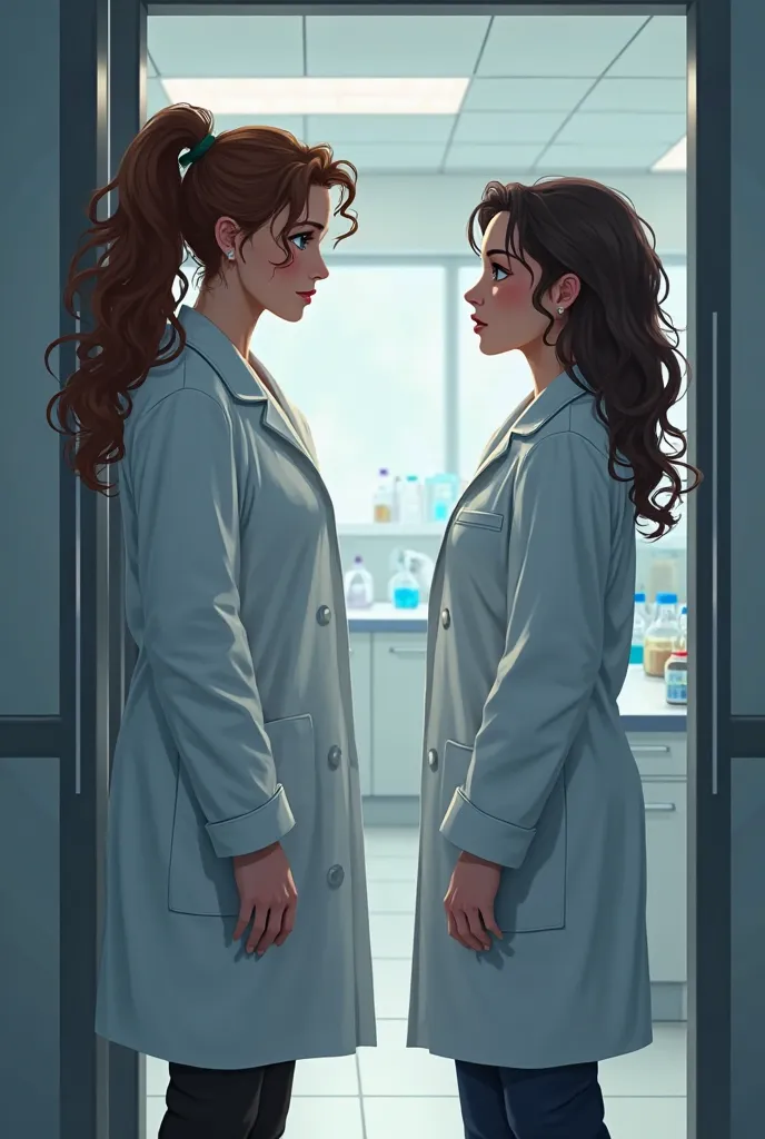 Two young women scientists talking seriously, One is inside the door, curly brown hair with one ponytail and the other outside talking to her