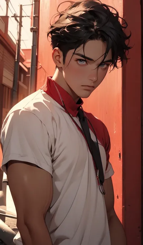  one boy in airspace, red background , that's ridiculous, masterpiece,high definition,Exquisite details,a gay man, sexy, muscular,strutting outdoor,beautiful eyes,detailed faces, downpour,outdoor,GLOBAL ILLUMINATION,subsurface scattering,