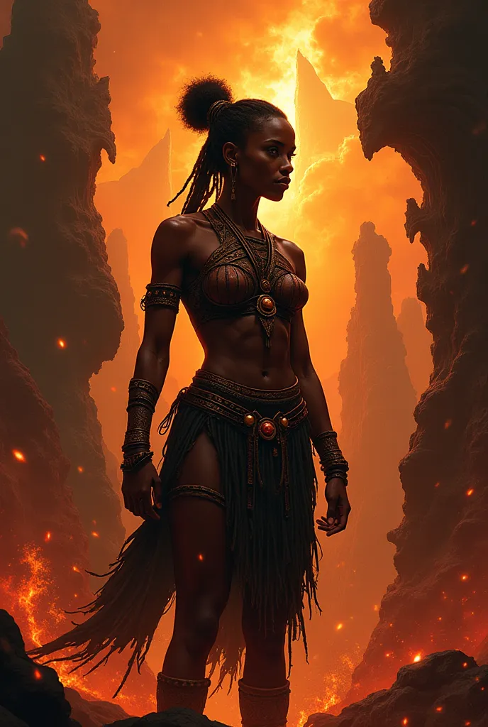 A cover for a novel whose heroine is a young African warrior woman and including the A cover for a novel whose heroine is a young African warrior in a dark and flaming world 