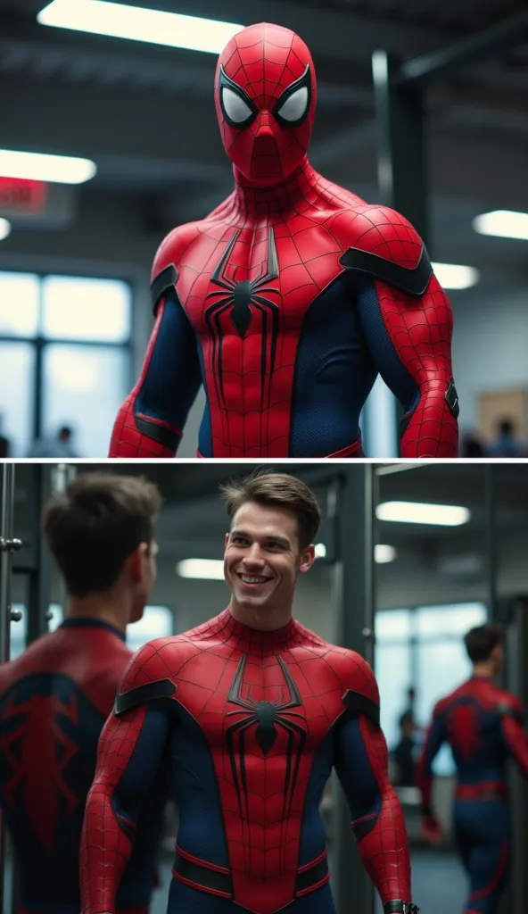 Spiderman’s Gym Training Montage
📍 Location: Gym (various angles to show progress).
🎥 Camera Angles:

Quick cuts: Spiderman lifting weights, running, sweating.
Close-up: Muscles slowly getting bigger.
Low-angle shot: He looks at himself in the mirror, smil...