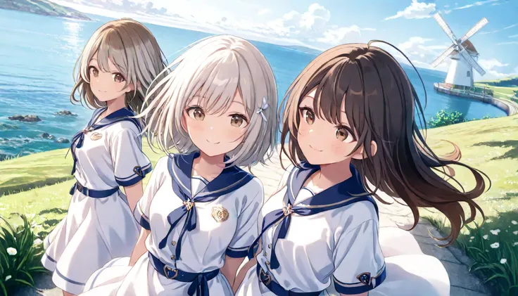 (( masterpiece , Top Quality , dynamic angle ))、((( 3 girls , smile , black hair , brown hair , silver hair )))、( detailed face 、on the hill 、One white windmill:1.2)、( sea )