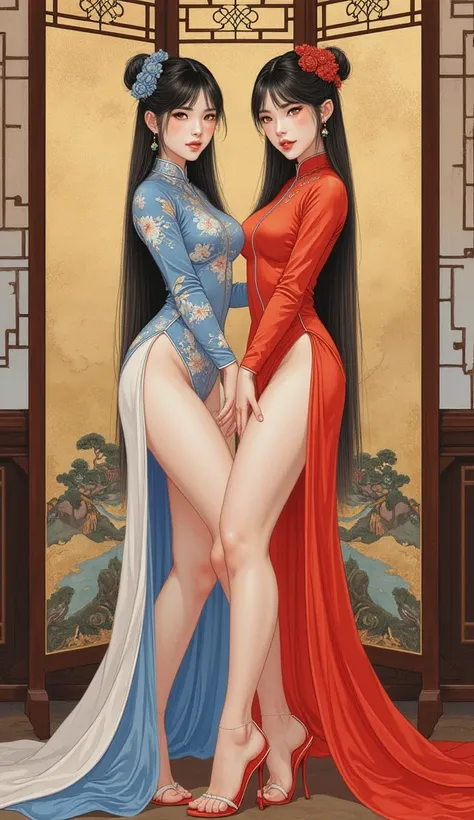 Detailed proportions and textures and multi-color with airbrushed brush strokes that presents a semi-realistic illustration in Chinese ink a gemini twins (full and slender body, with shy pose, playful look, bright yellow-gold eyes, defined eyebrows, long e...