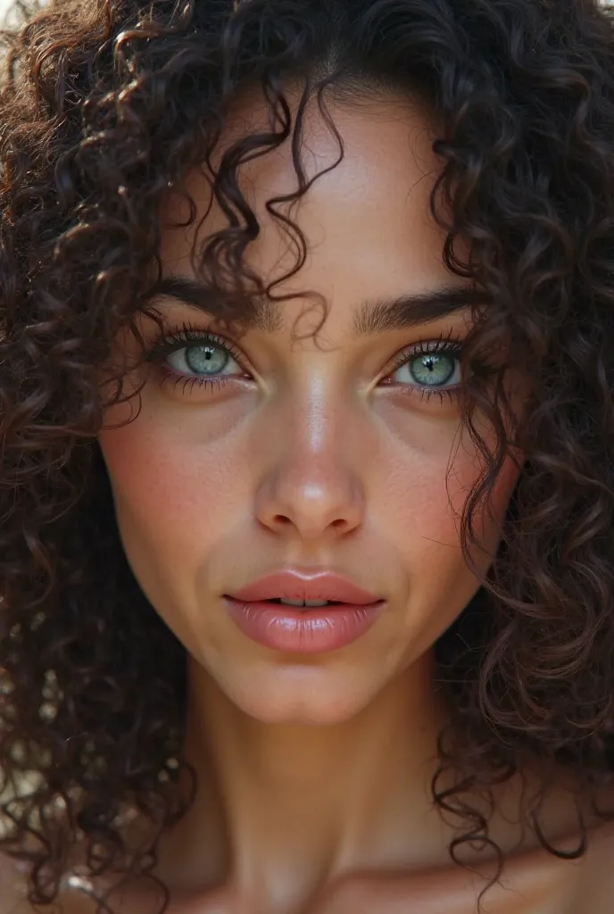 Beautiful woman with curly hair with very realistic blue eyes