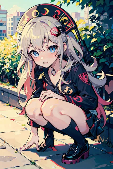 ((Junko Enoshima)),1 girl,  Selfies, Punk Makeup, (hair ornaments close to the garden),( teeth), prank,  punk fashion, squat,  colorful clothes,  Gentle expression,  beautiful expression ,  Sparkling Blue Eyes , (eyes blush), Cold Background,18 years old, ...