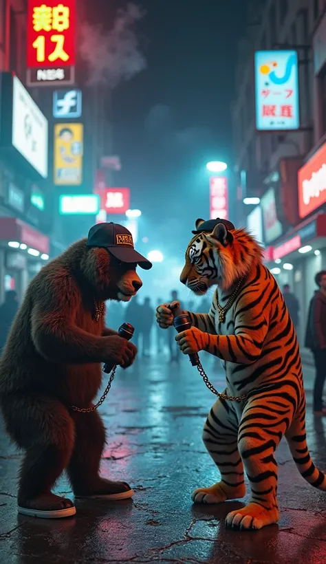 Ultra-realistic image of a hip hop battle on a nocturnal urban street. At the center, (two anthropomorphic animals—for example, a bear and a tiger—)compete in a freestyle battle, each sporting modern accessories such as caps, chains, and microphones. The s...