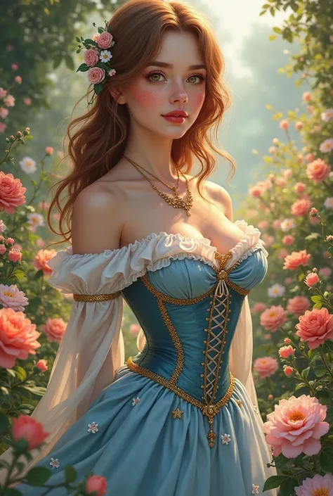  a girl, Alone, High resolution, masterpiece,  Precise, the best quality, Detail, Details altos, quality, Very detailed,  High quality, UHD, Textured skin,  European girl with European features , She is a princess,sky blue dress, long heart neckline and me...