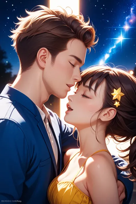 Anime-style illustration of a man and girl singing against a starry sky、Men have black hair and blue casual clothes、Women have brown hair and yellow casual clothes、